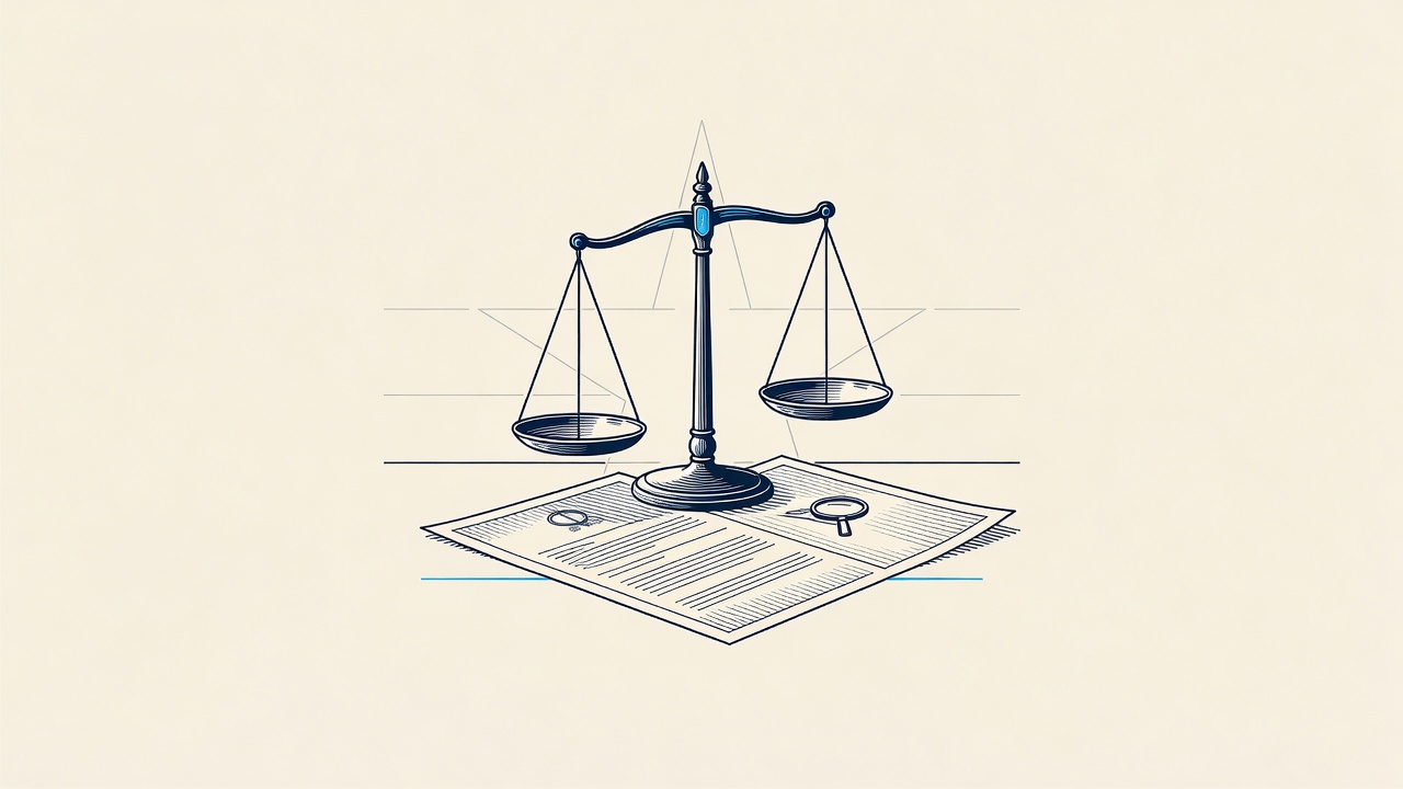 Illustration: scales and a document before a Southern Cross motif