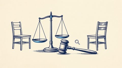 Illustration: scales and gavel with two chairs turned away