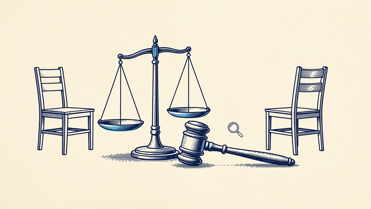 Illustration: scales and gavel with two chairs turned away