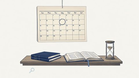 Illustration: a wall calendar with one date circled above a judicial bench rail holding two case files, an open statute book and an hourglass