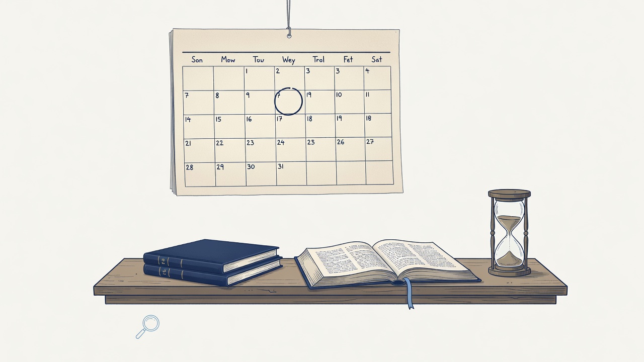 Illustration: a wall calendar with one date circled above a judicial bench rail holding two case files, an open statute book and an hourglass
