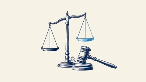 Illustration: scales of justice with one pan lifted, beside a gavel