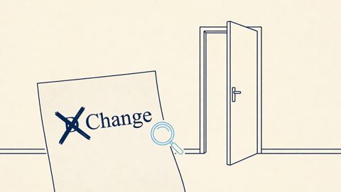 Illustration: a word crossed out and rewritten, beside an open door