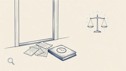 Illustration: an empty doorstep with scattered pamphlets beside a closed case file marked with a stopped clock