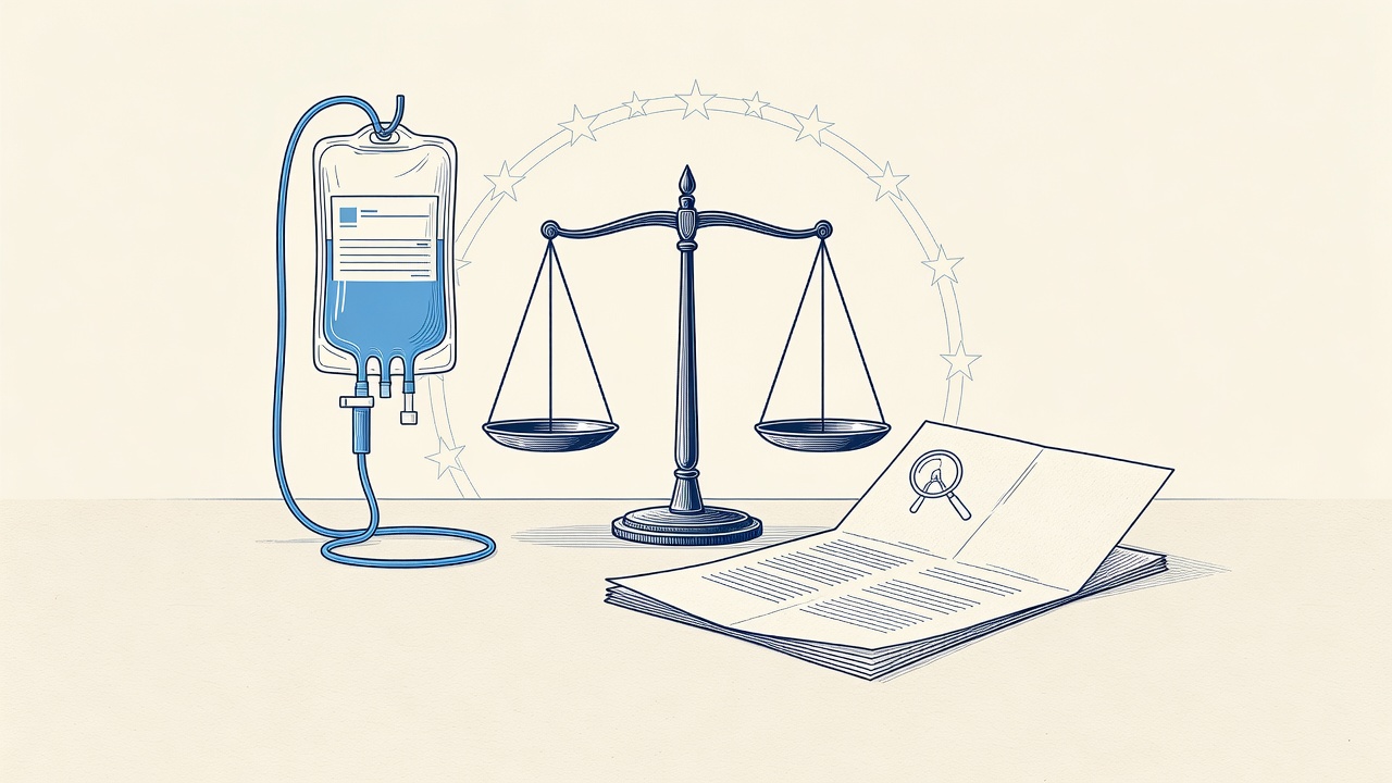Illustration: scales of justice, an IV blood bag and a legal directive