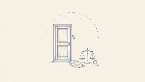 Illustration: a front door and doorstep beside a municipal ordinance and scales of justice