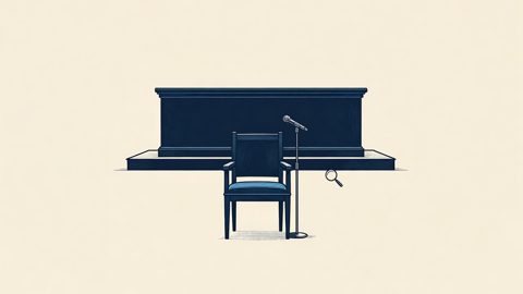 Illustration: an empty witness chair and microphone before an inquiry bench
