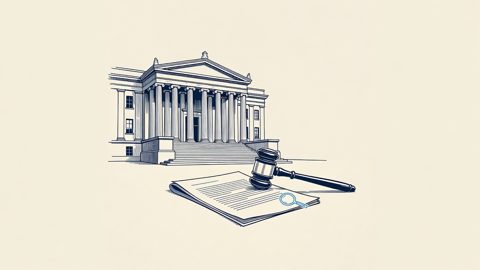 Illustration: a courthouse facade with a legal complaint and gavel