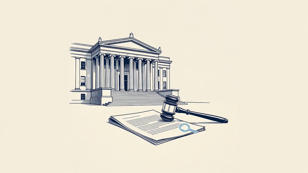 Illustration: a courthouse facade with a legal complaint and gavel
