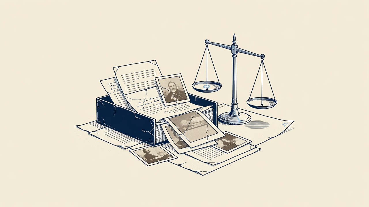 Illustration: an archival document box of letters and photographs beside scales of justice