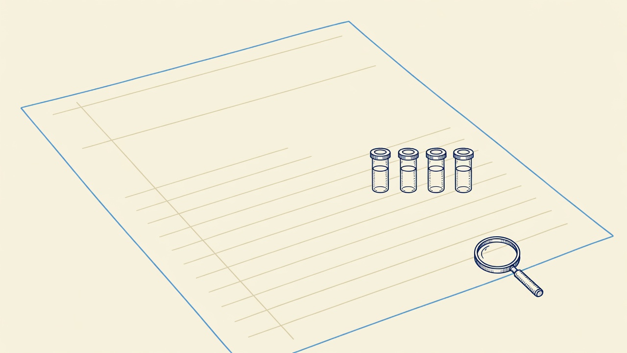 Illustration: a printed doctrinal page beside four empty laboratory vials in a row