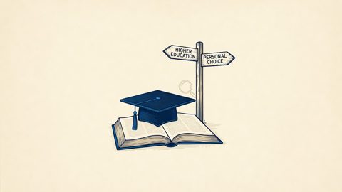 Illustration: a mortarboard on a book beside a crossroads signpost