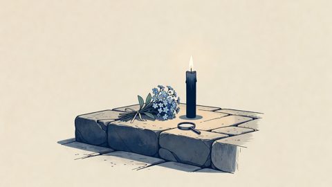 Illustration: a memorial candle and flowers on a step