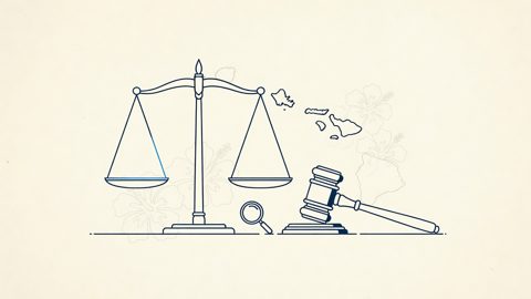 Illustration: scales and gavel beside an island motif