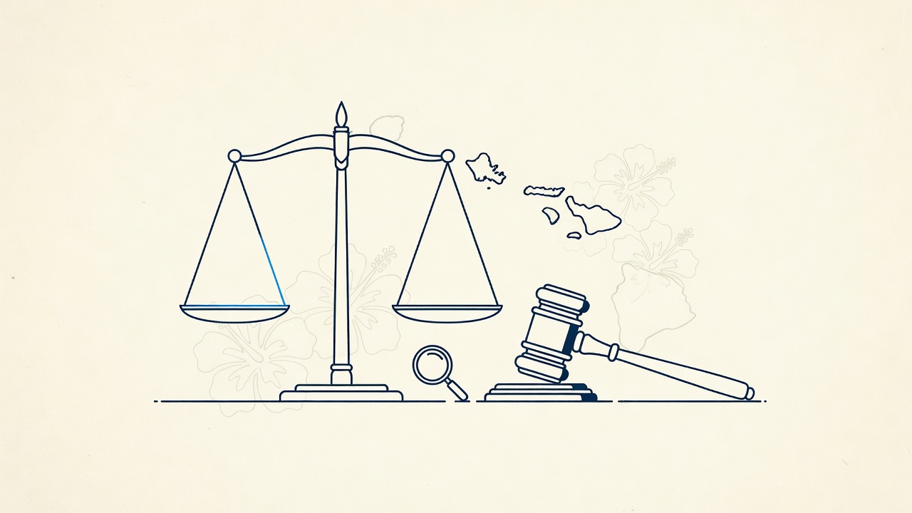 Illustration: scales and gavel beside an island motif