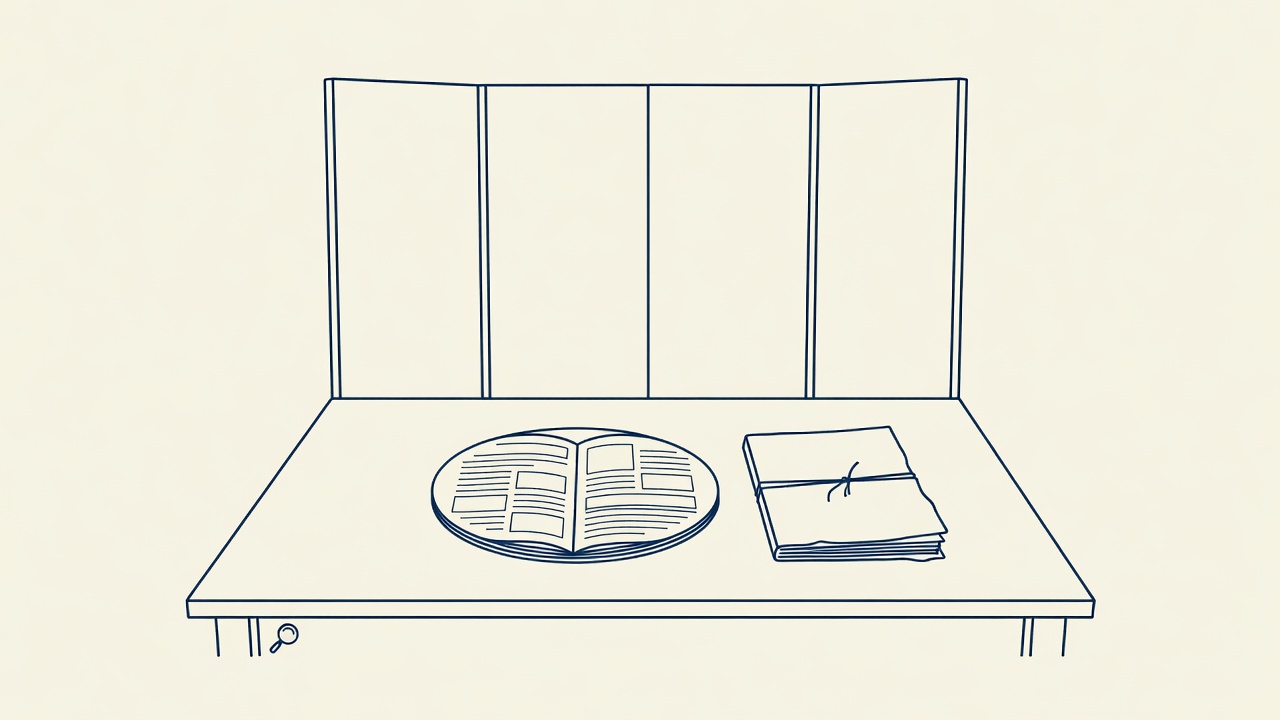 Illustration: an open government circular beside a tied case file on a bare courtroom table before a closed paper screen
