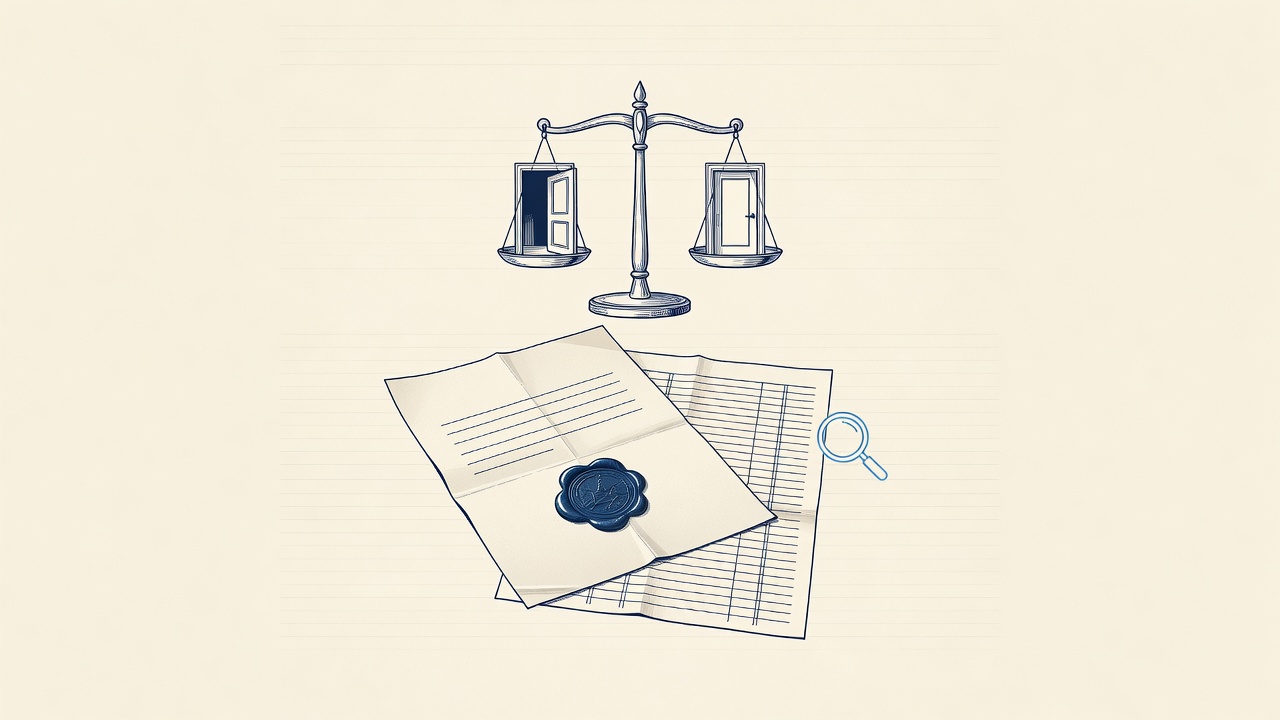 Illustration: a sealed contract on a municipal ledger beneath scales whose pans are two courthouse doorways