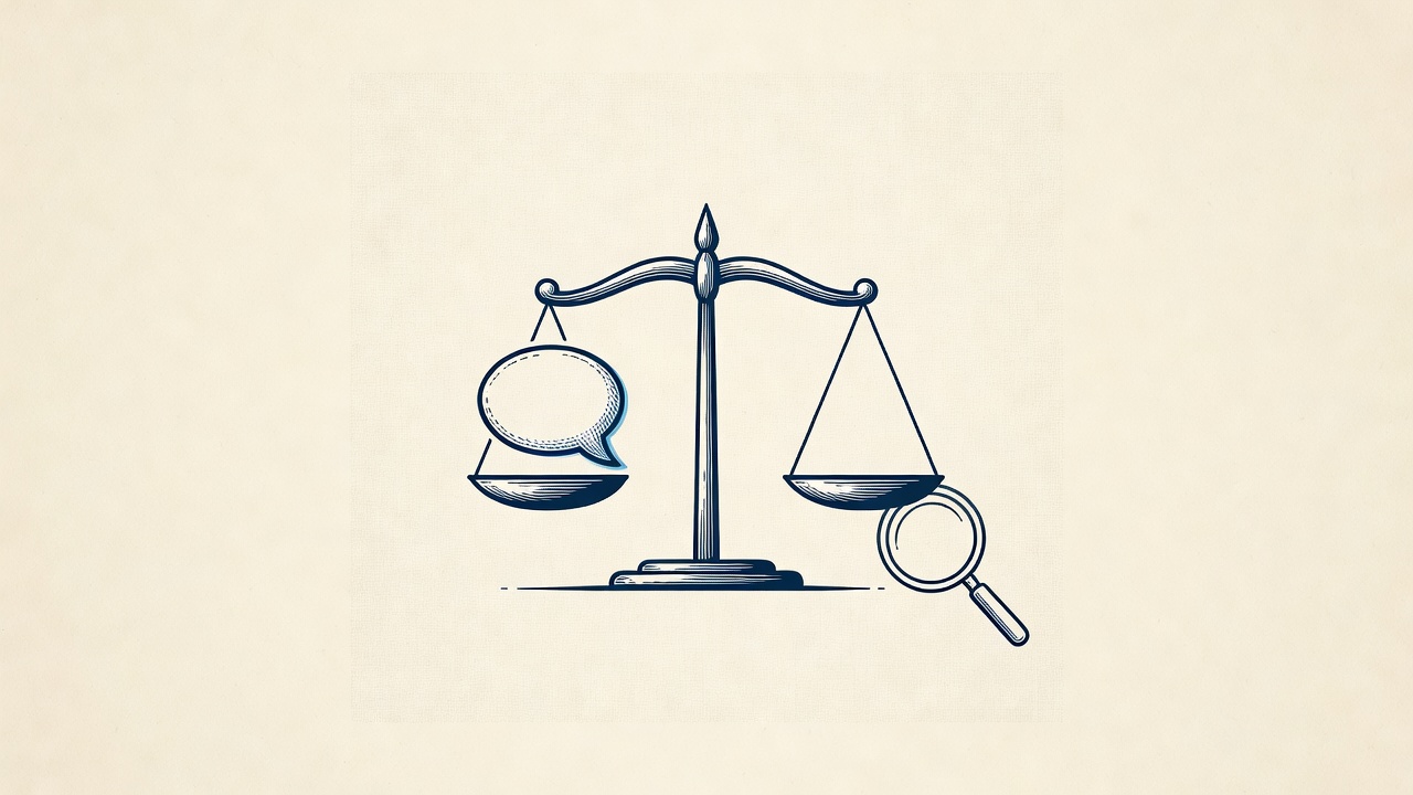 Illustration: scales of justice merged with a speech bubble