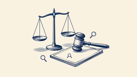 Illustration: scales of justice, a gavel and a legal document