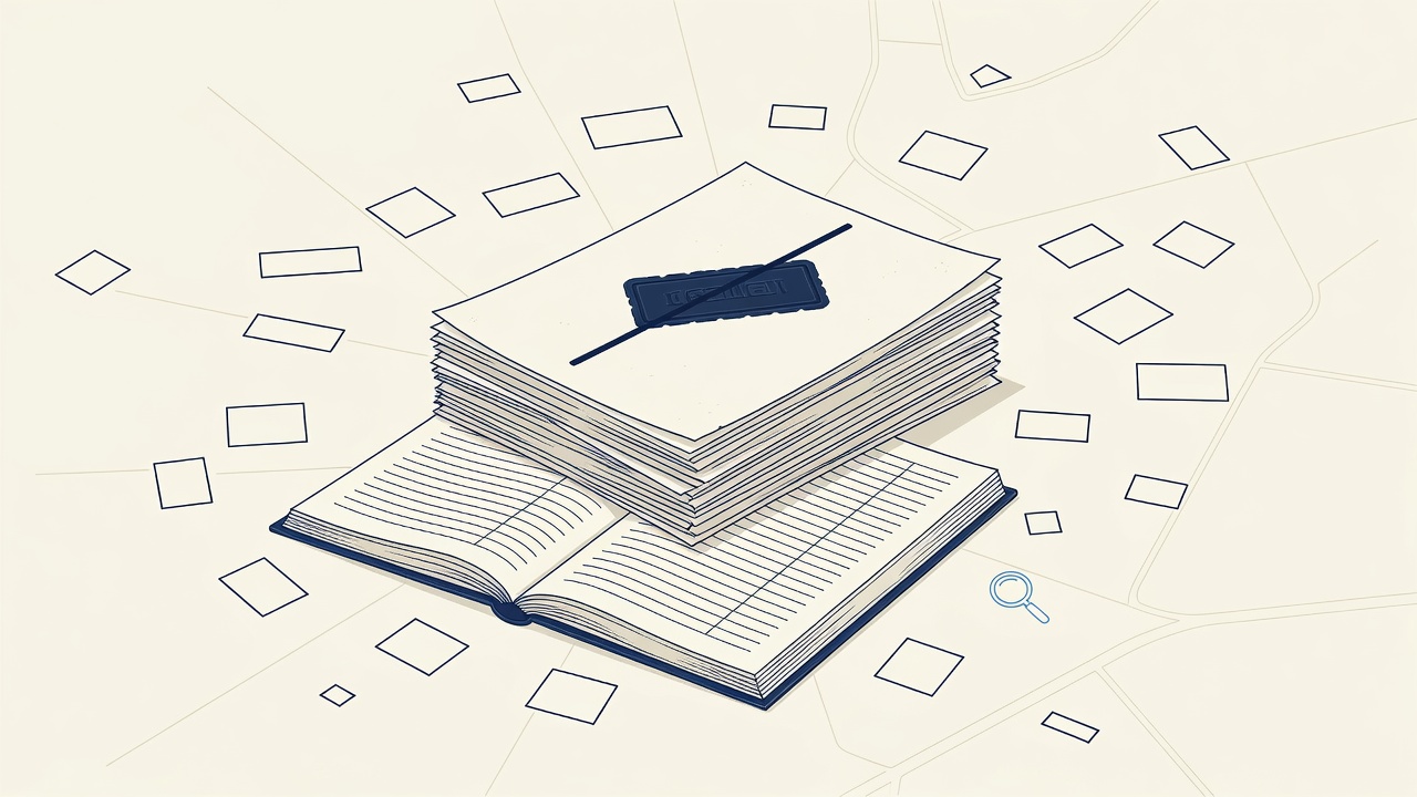 Illustration: a stamped and struck-through stack of property deeds on a land register, with scattered land-parcel outlines on a faint map