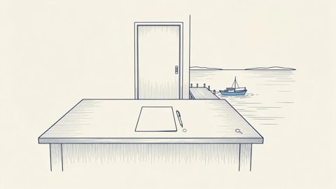 Illustration: an unsigned form and pen on a hospital reception counter before a closed door, with a small ferry pier and open water beyond