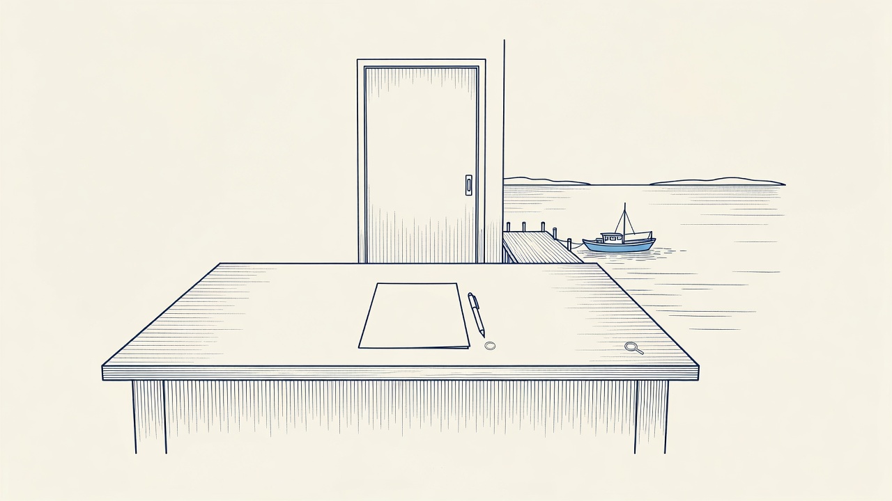 Illustration: an unsigned form and pen on a hospital reception counter before a closed door, with a small ferry pier and open water beyond