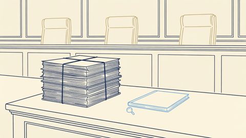 Illustration: a tied stack of legal pleadings beside a single closed volume on an appellate bench before three empty judges' chairs