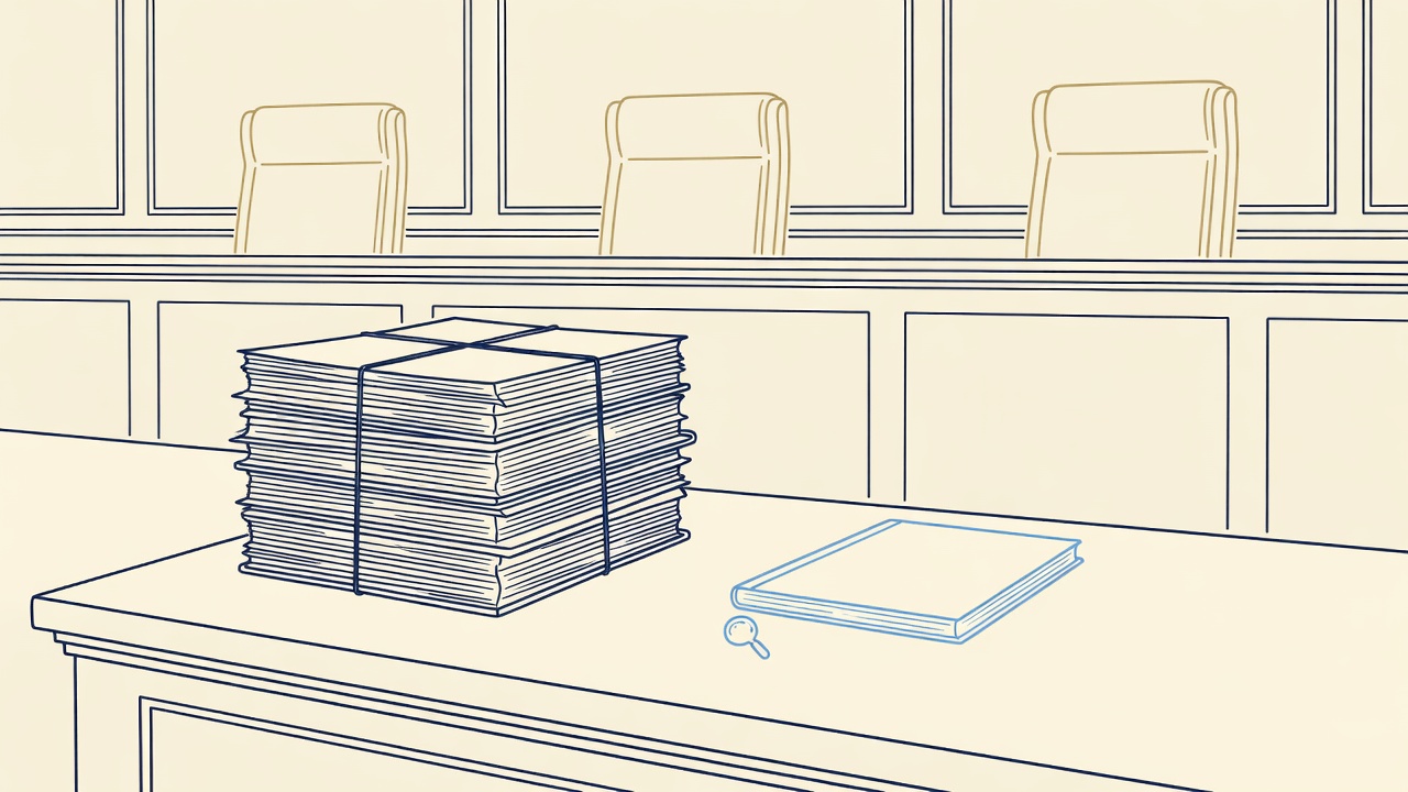 Illustration: a tied stack of legal pleadings beside a single closed volume on an appellate bench before three empty judges' chairs