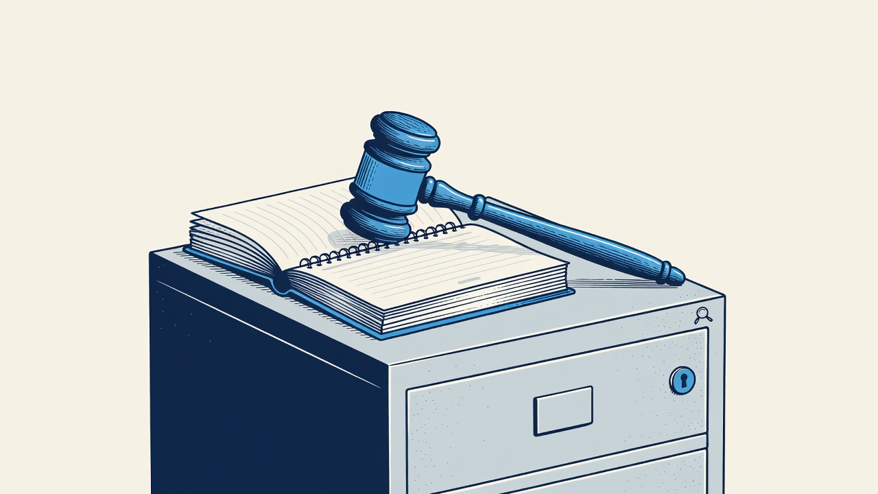 Illustration: a gavel over a calendar and a locked filing cabinet