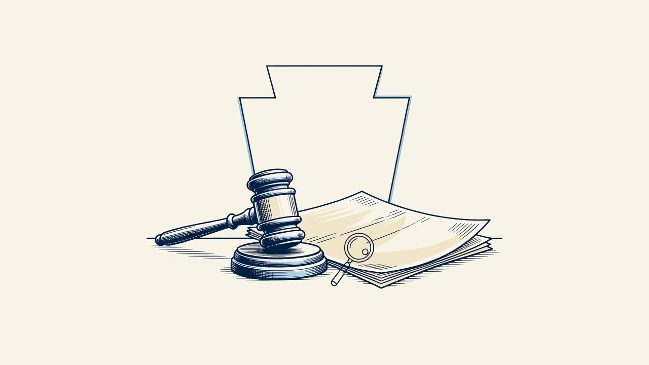 Illustration: a gavel and indictment before a keystone motif