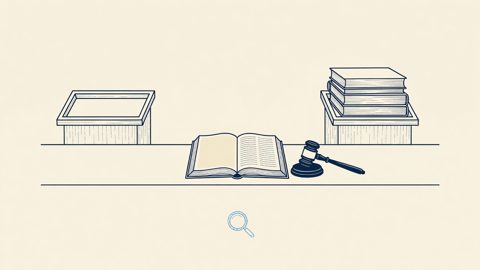 Illustration: one empty lectern facing another stacked with briefs, over an open statute book with a blank column and an untouched gavel