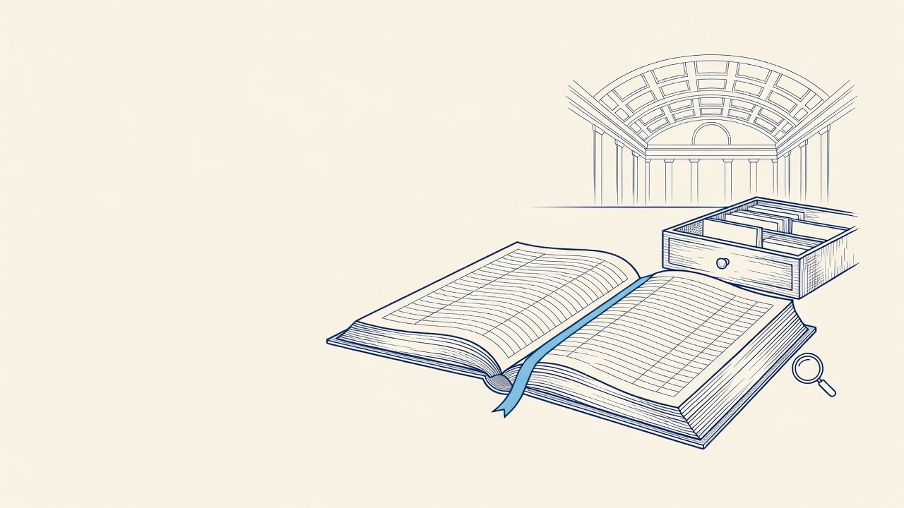 Illustration: an open public register with empty ruled columns beside a card-index drawer
