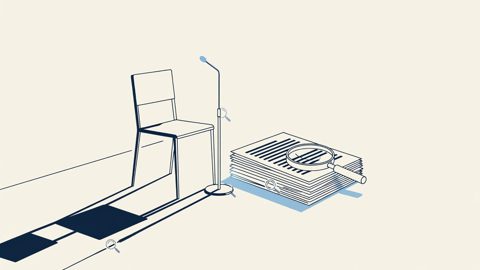 Illustration: an empty inquiry room and redacted documents