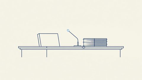 Illustration: an empty inquiry hearing room with a witness chair and files