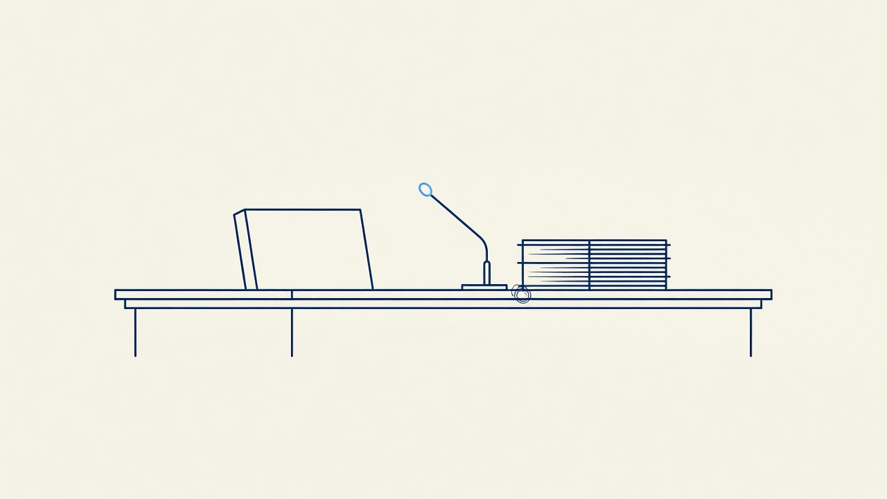 Illustration: an empty inquiry hearing room with a witness chair and files
