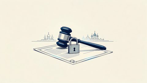 Illustration: a gavel and padlock over a document and a domed skyline