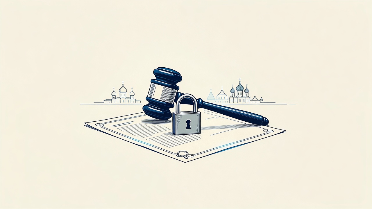 Illustration: a gavel and padlock over a document and a domed skyline