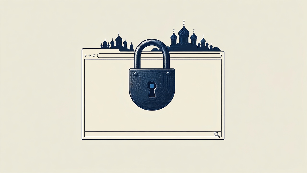 Illustration: a padlock over a browser window and a domed skyline