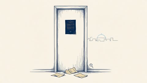 Illustration: a doorway with an official notice and scattered papers