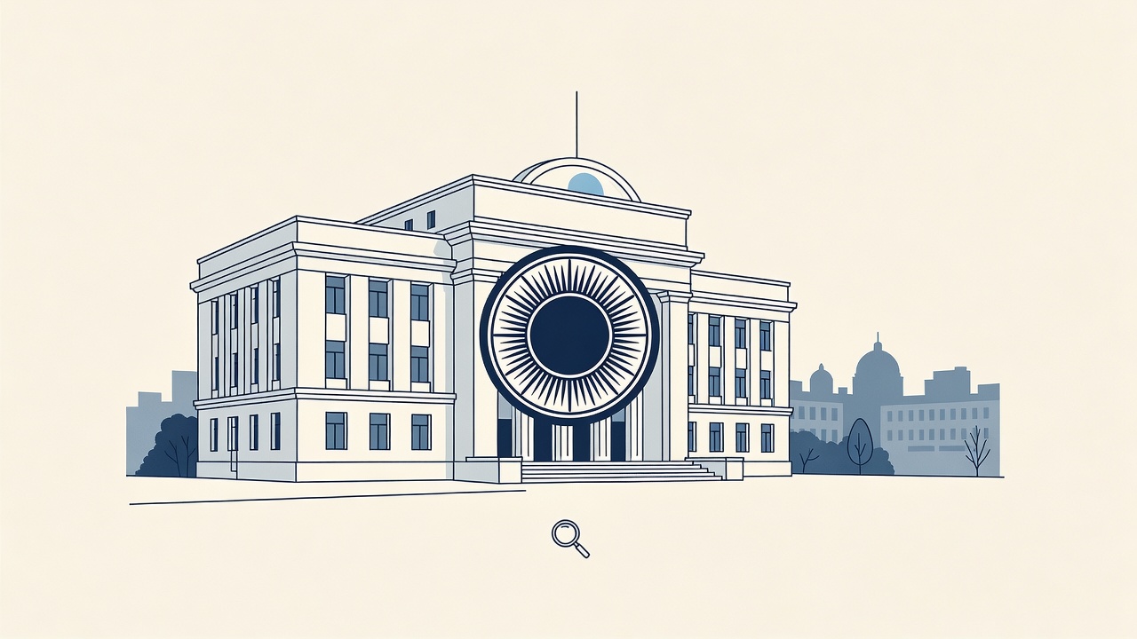 Illustration: a sealed administrative building before a domed skyline