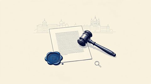 Illustration: an official sealed notice and gavel before a domed skyline