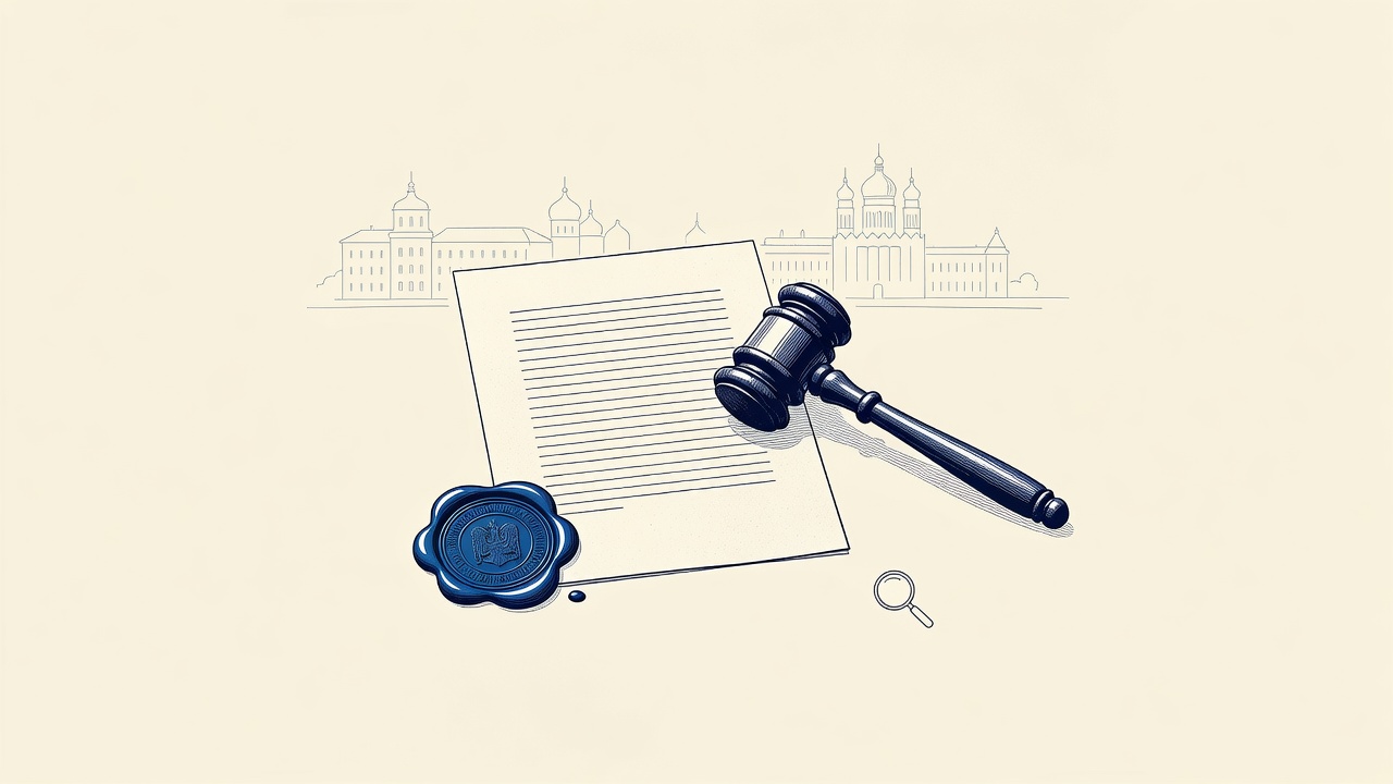 Illustration: an official sealed notice and gavel before a domed skyline