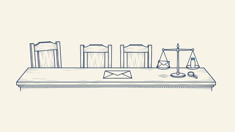Illustration: an empty chair facing two others at a judicial bench rail, beside apothecary scales weighing a consent form against a medical vial