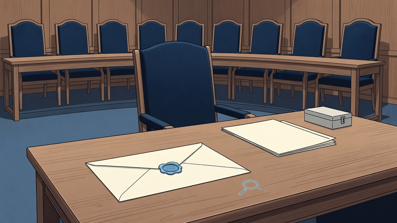 Illustration: a sealed envelope and a closed lockbox on a table facing an empty official's chair, before a bench of nine empty judges' chairs