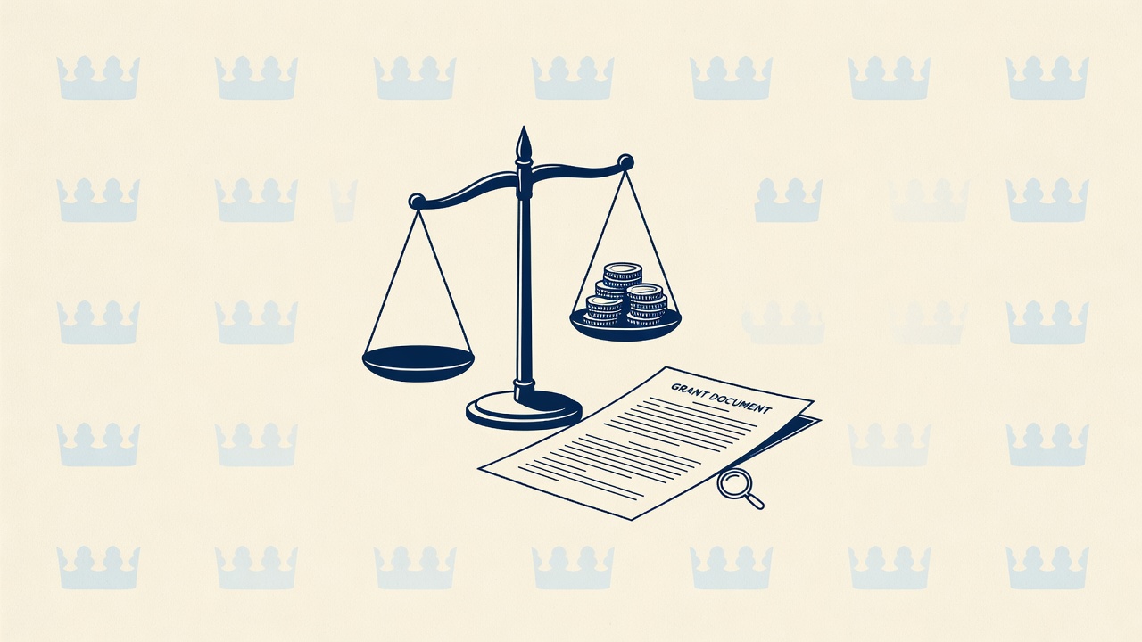 Illustration: scales of justice beside a grant document and coins