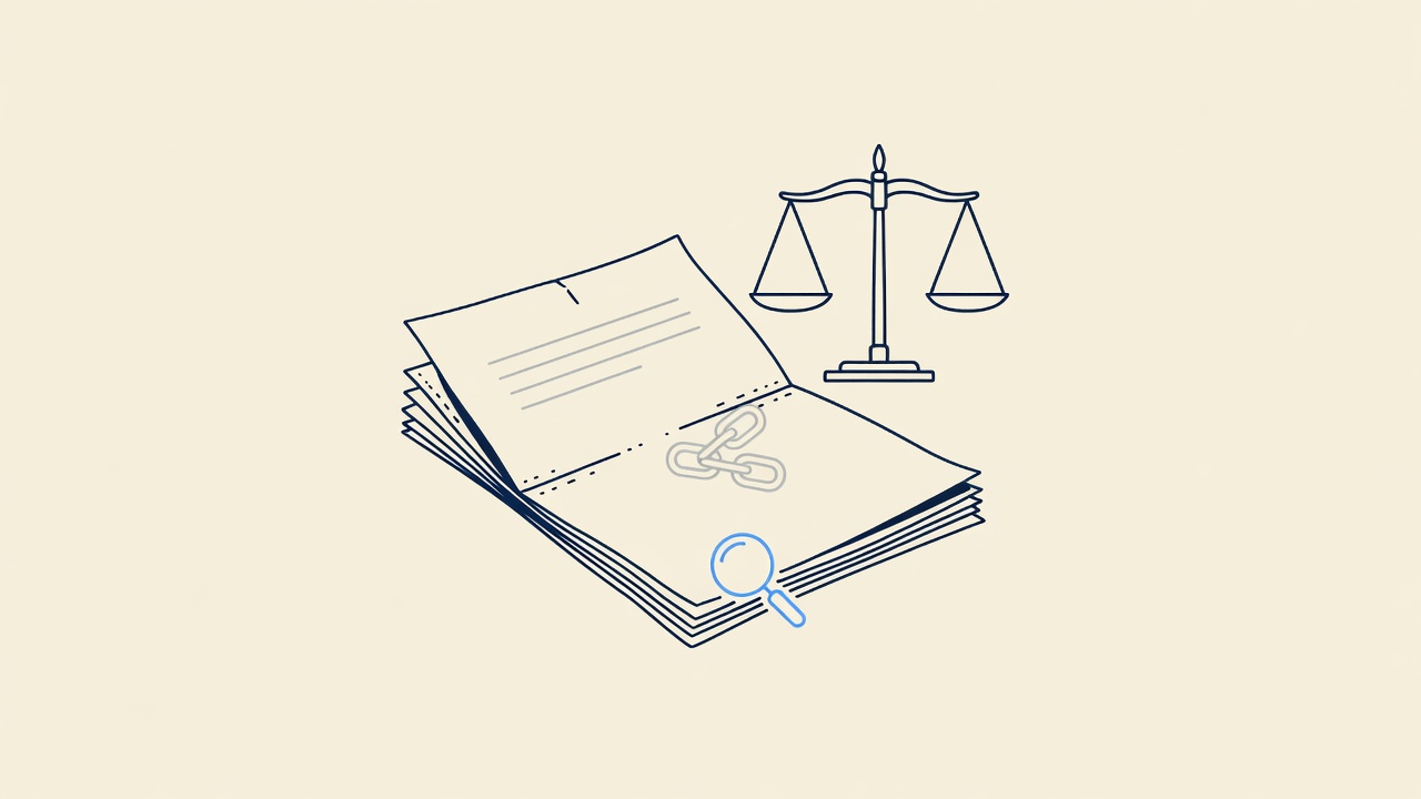 Illustration: a legal complaint and scales of justice with two faint chain links