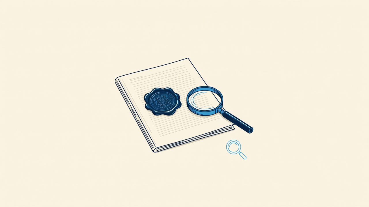 Illustration: an official seal and magnifying glass on a document folder