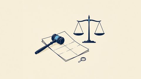 Illustration: a gavel, a legal document, and scales