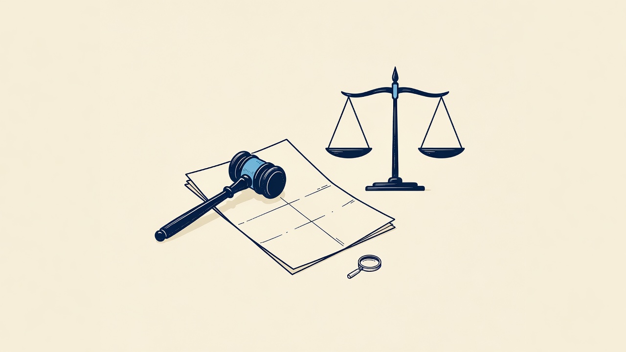 Illustration: a gavel, a legal document, and scales