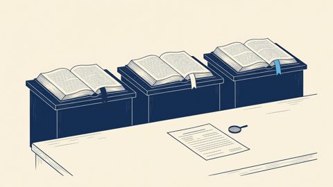 Illustration: three judicial bench rails each holding the same open statute book ribboned at a different place, with an unstamped application form on a bare table